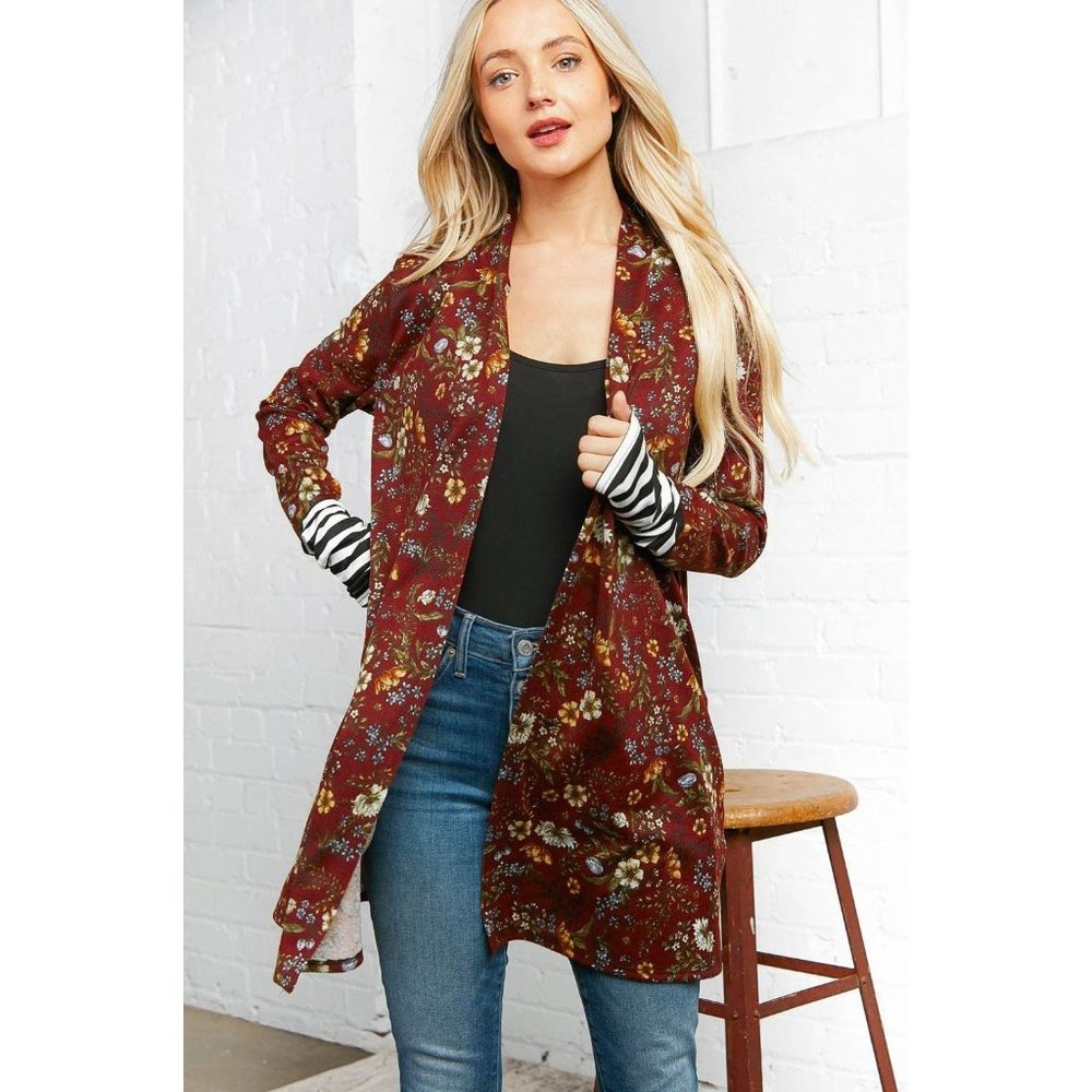Burgundy Floral Stripe Cardigan with Thumbholes - Picture 9 of 10